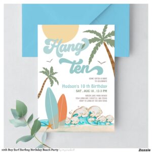 10th Boy Surf Surfing Birthday Beach Party Invitation