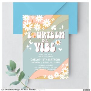 14 is a Vibe Daisy Hippie 70s Retro Birthday Invitation
