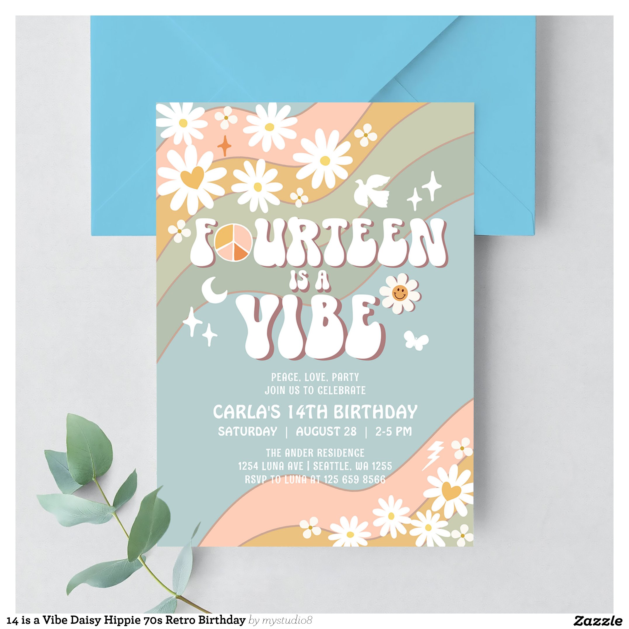 14 is a Vibe Daisy Hippie 70s Retro Birthday Invitation