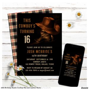 16th Birthday Rustic Cowboy Hat and Leather Boots Invitation