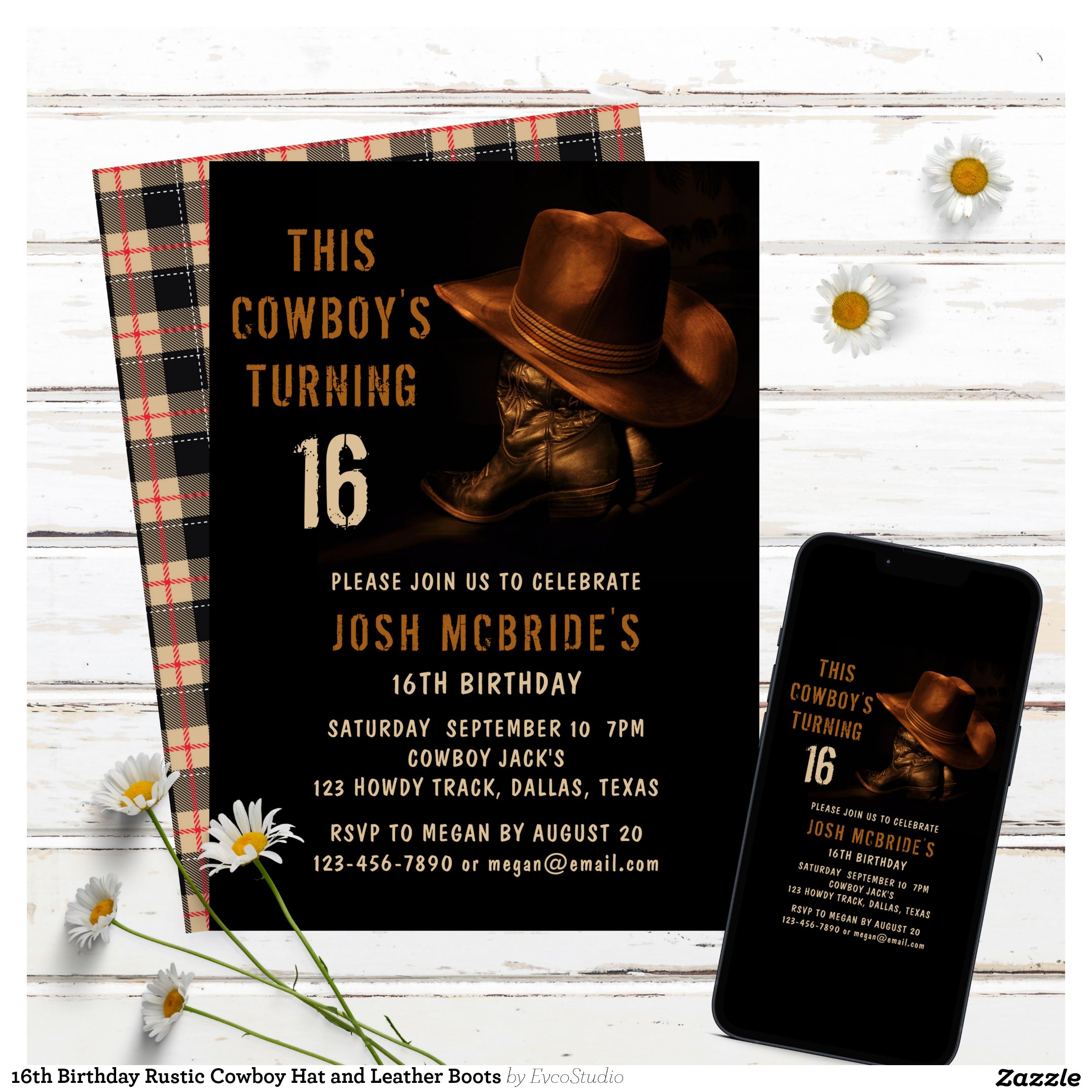 16th Birthday Rustic Cowboy Hat and Leather Boots Invitation