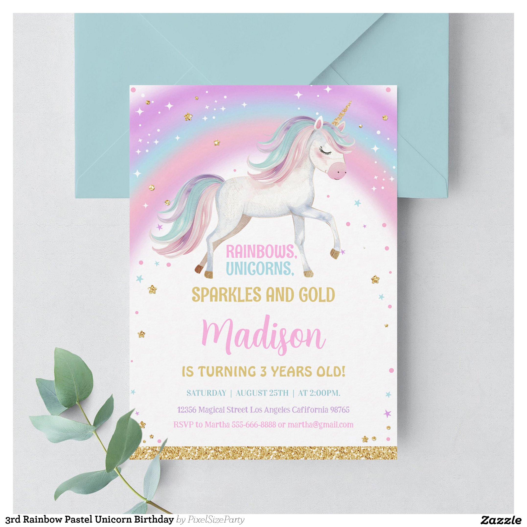 3rd Rainbow Pastel Unicorn Birthday Invitation