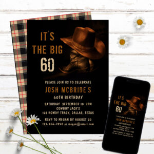 60th_birthday_rustic_cowboy_country_hat_boots_invitation-r_rhjme_2154 60th Birthday Rustic Cowboy Country Hat Boots Invitation