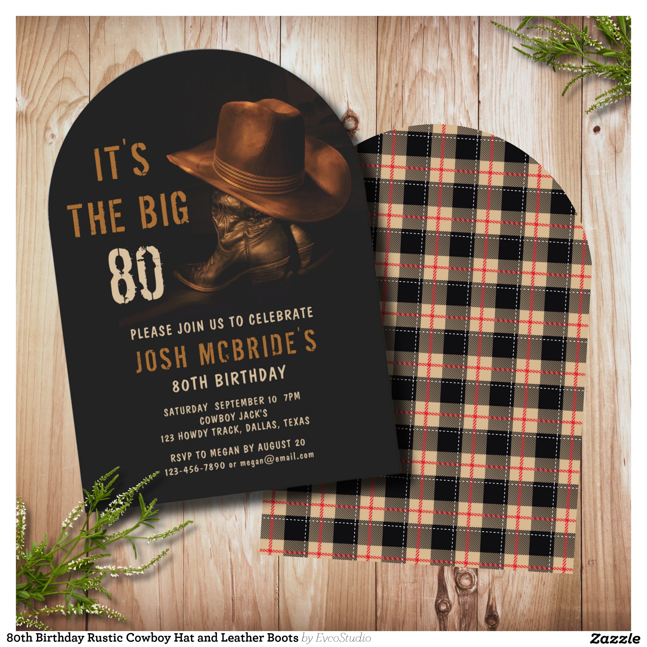 80th Birthday Rustic Cowboy Hat and Leather Boots Invitation