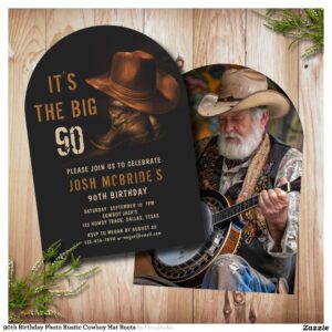 90th_birthday_photo_rustic_cowboy_hat_boots_invitation-r_zhek7k_2154 90th Birthday Photo Rustic Cowboy Hat Boots Invitation