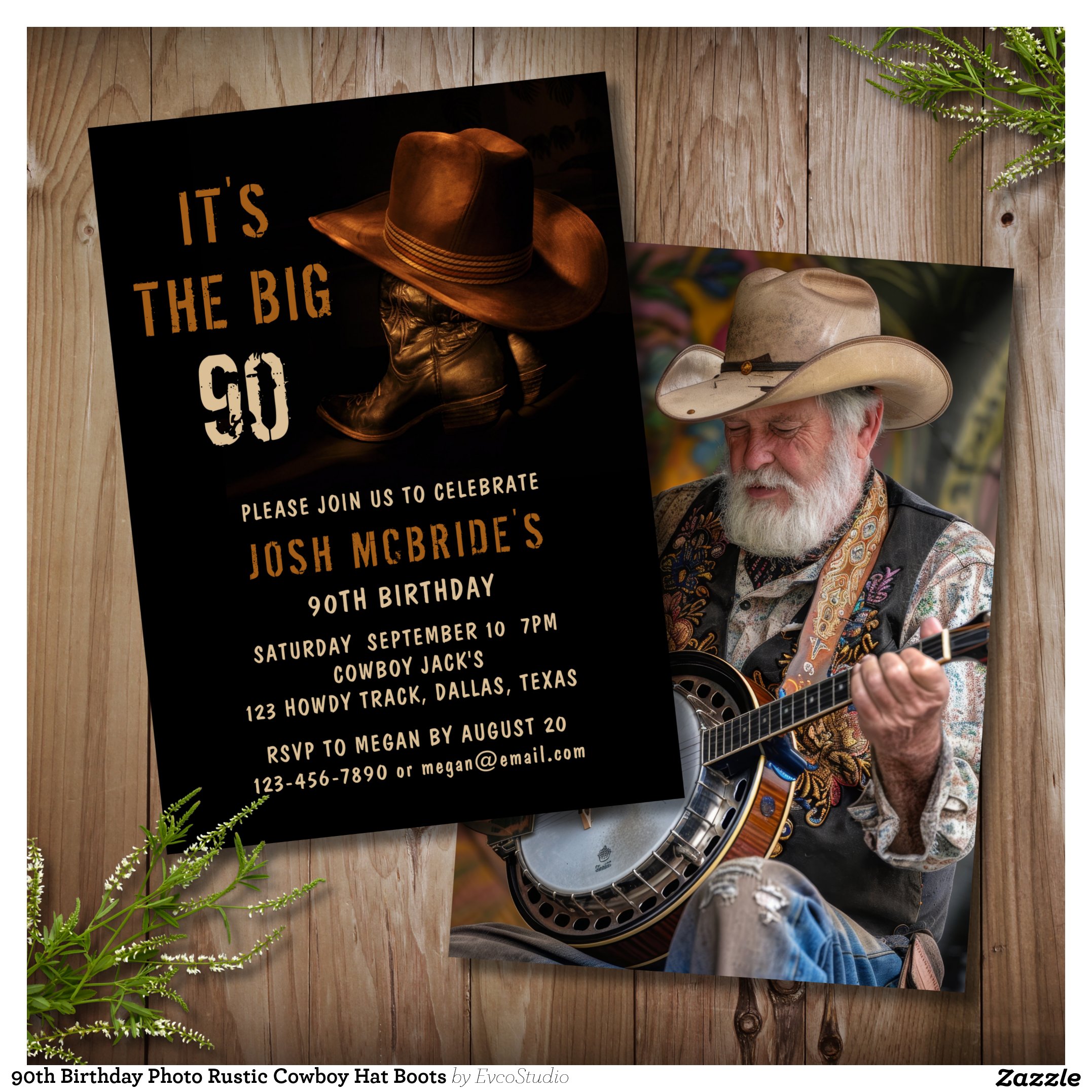 90th Birthday Photo Rustic Cowboy Hat Boots Invitation