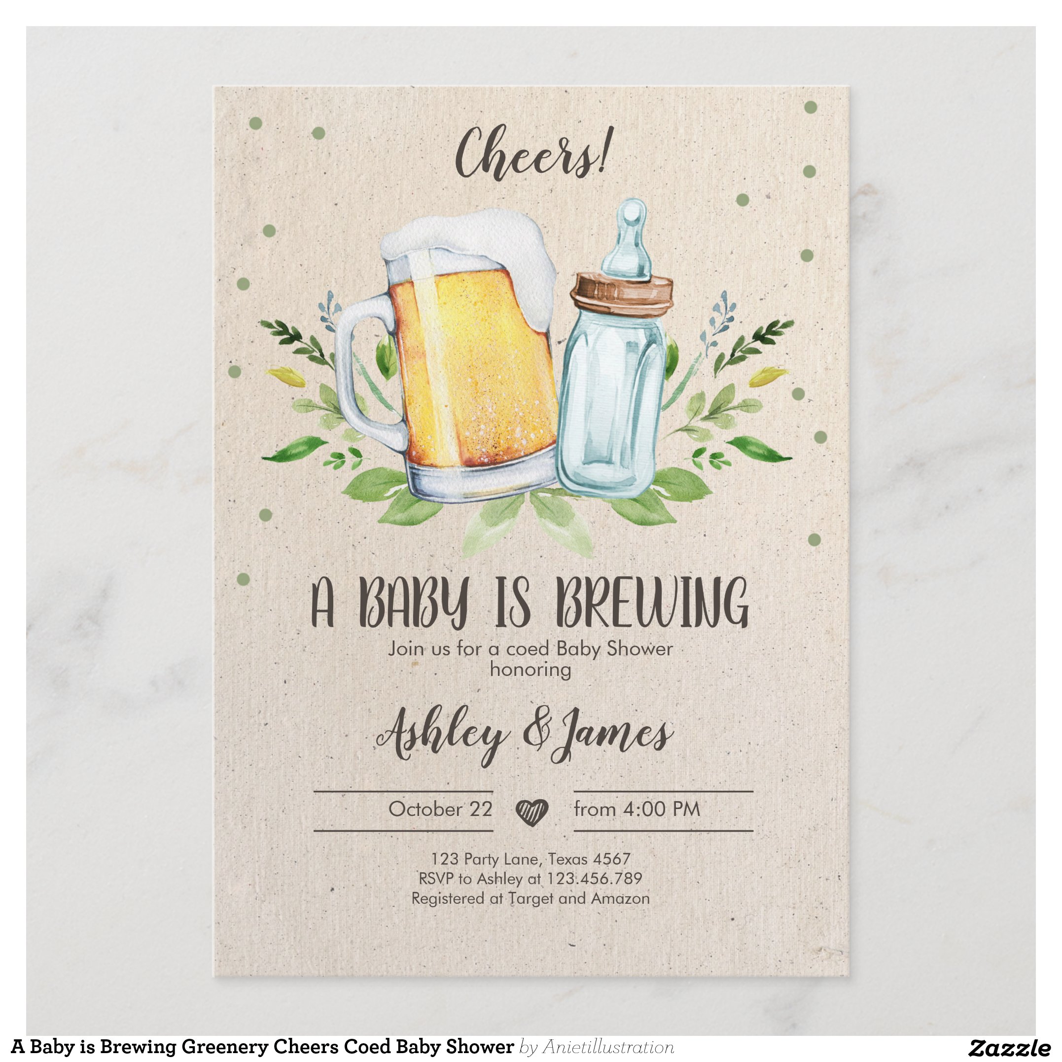 A Baby is Brewing Greenery Cheers Coed Baby Shower Invitation