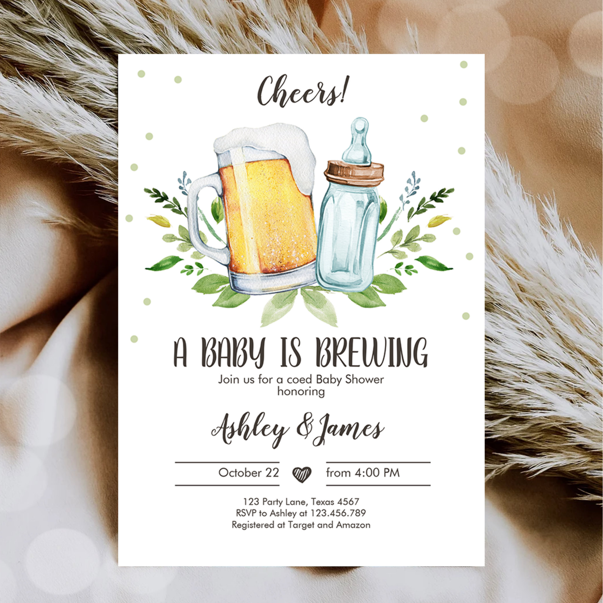 A Baby is Brewing Greenery Cheers Coed Baby Shower Invitation