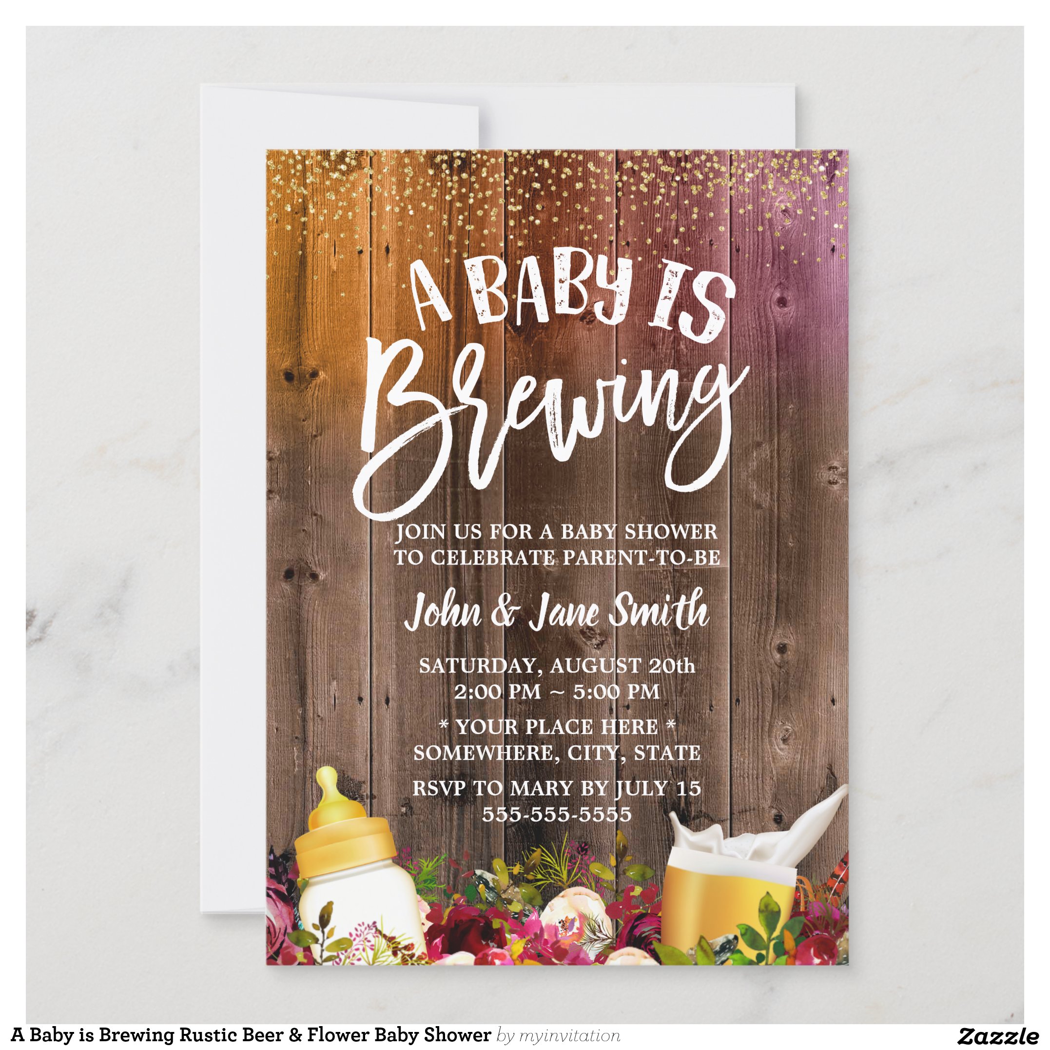 A Baby is Brewing Rustic Beer & Flower Baby Shower Invitation