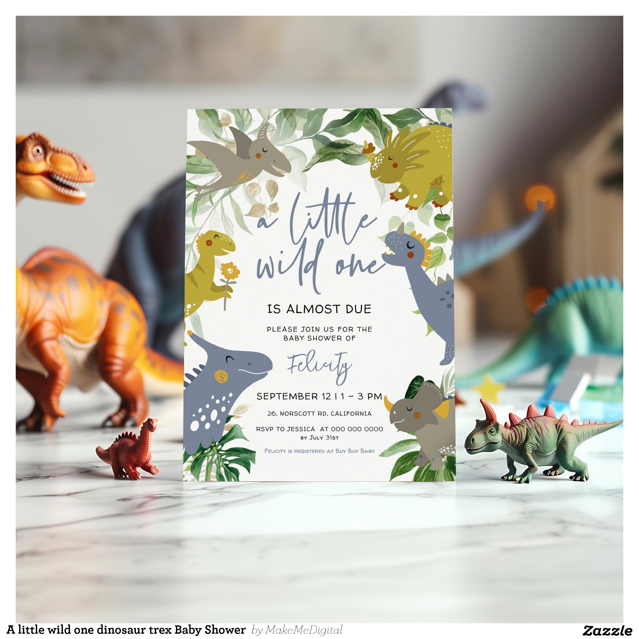 A little wild one dinosaur trex Baby Shower Invitation