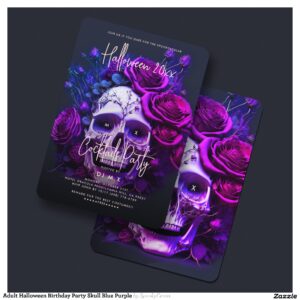 Adult Halloween Birthday Party Skull Blue Purple Invitation