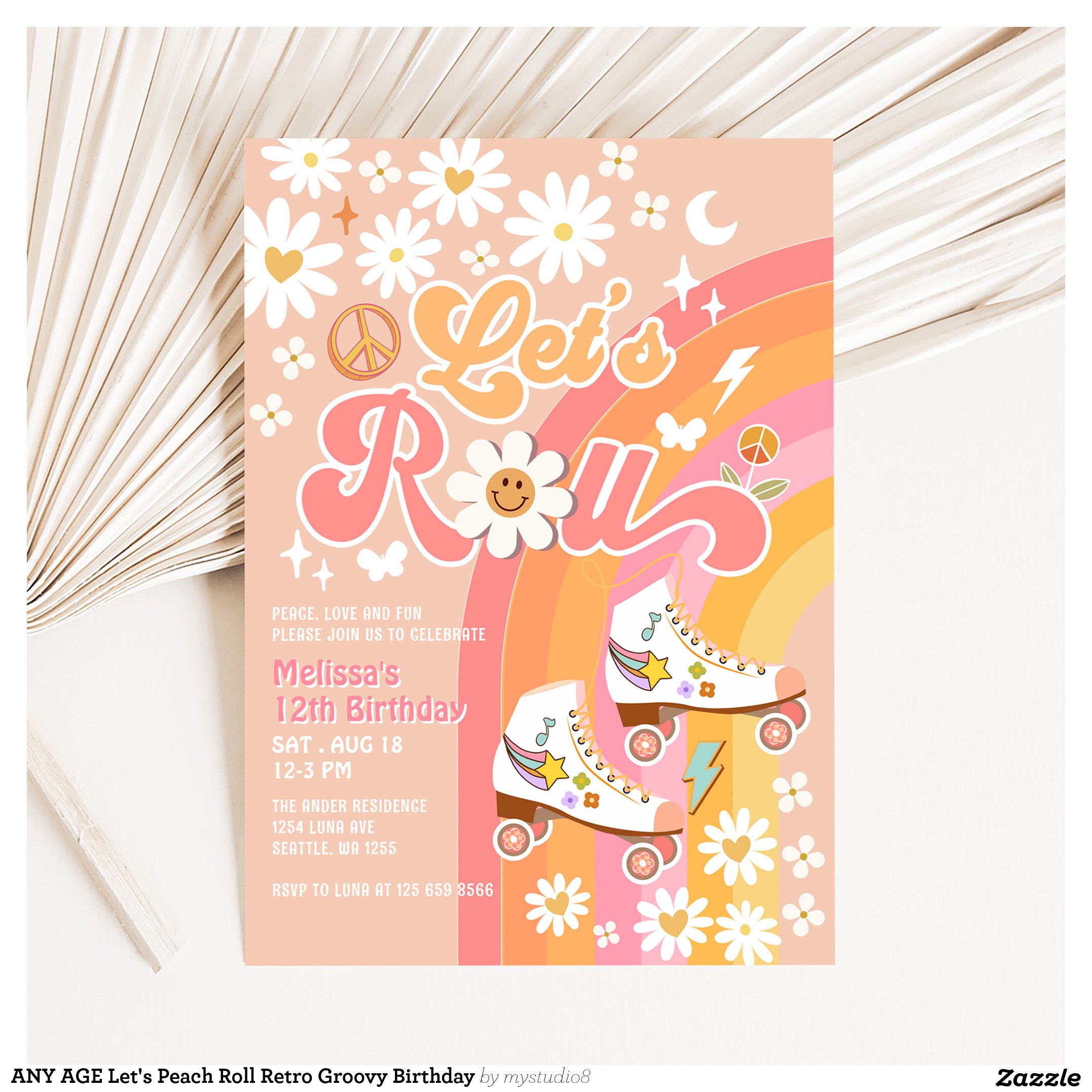 ANY AGE Let's Peach Roll Retro Groovy Birthday Invitation
