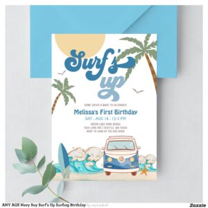 ANY AGE Navy Boy Surf's Up Surfing Birthday Invitation