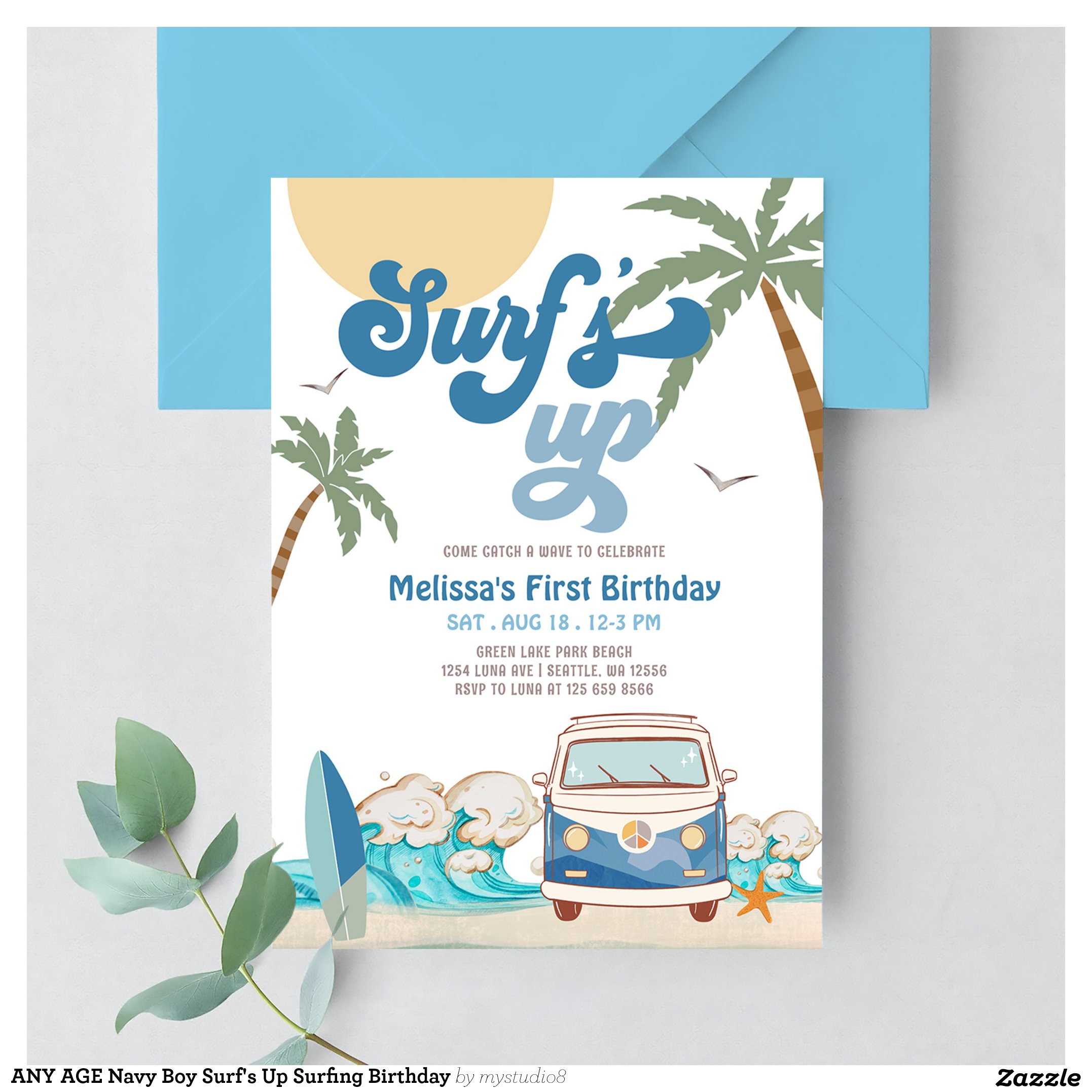 ANY AGE Navy Boy Surf's Up Surfing Birthday Invitation