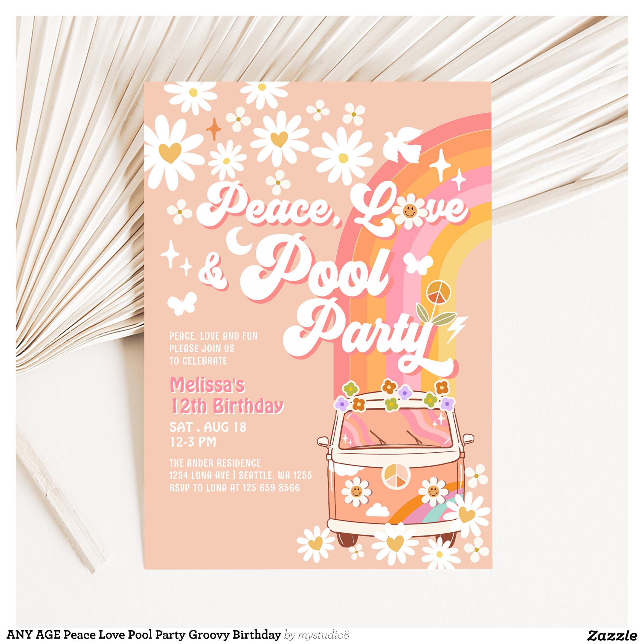 ANY AGE Peace Love Pool Party Groovy Birthday Invitation