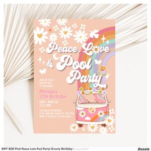 ANY AGE Pink Peace Love Pool Party Groovy Birthday Invitation
