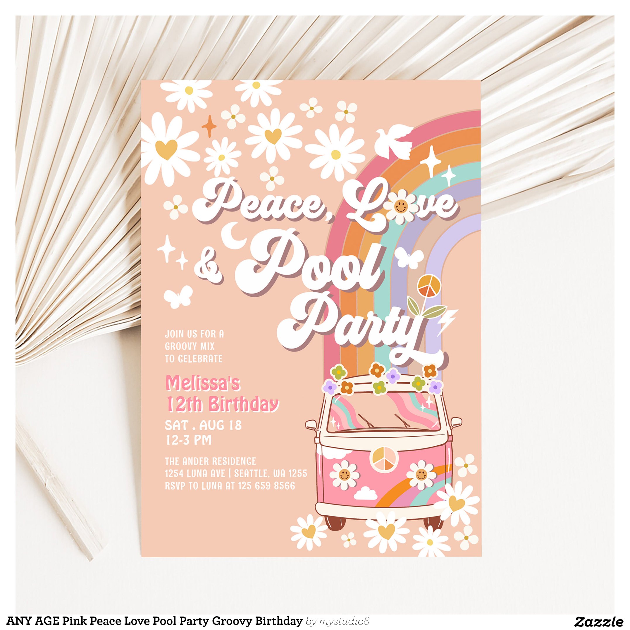 ANY AGE Pink Peace Love Pool Party Groovy Birthday Invitation