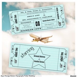 Aqua Vintage Modern Typography Ticket Wedding Invitation