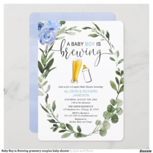 Baby Boy is Brewing greenery couples baby shower Invitation