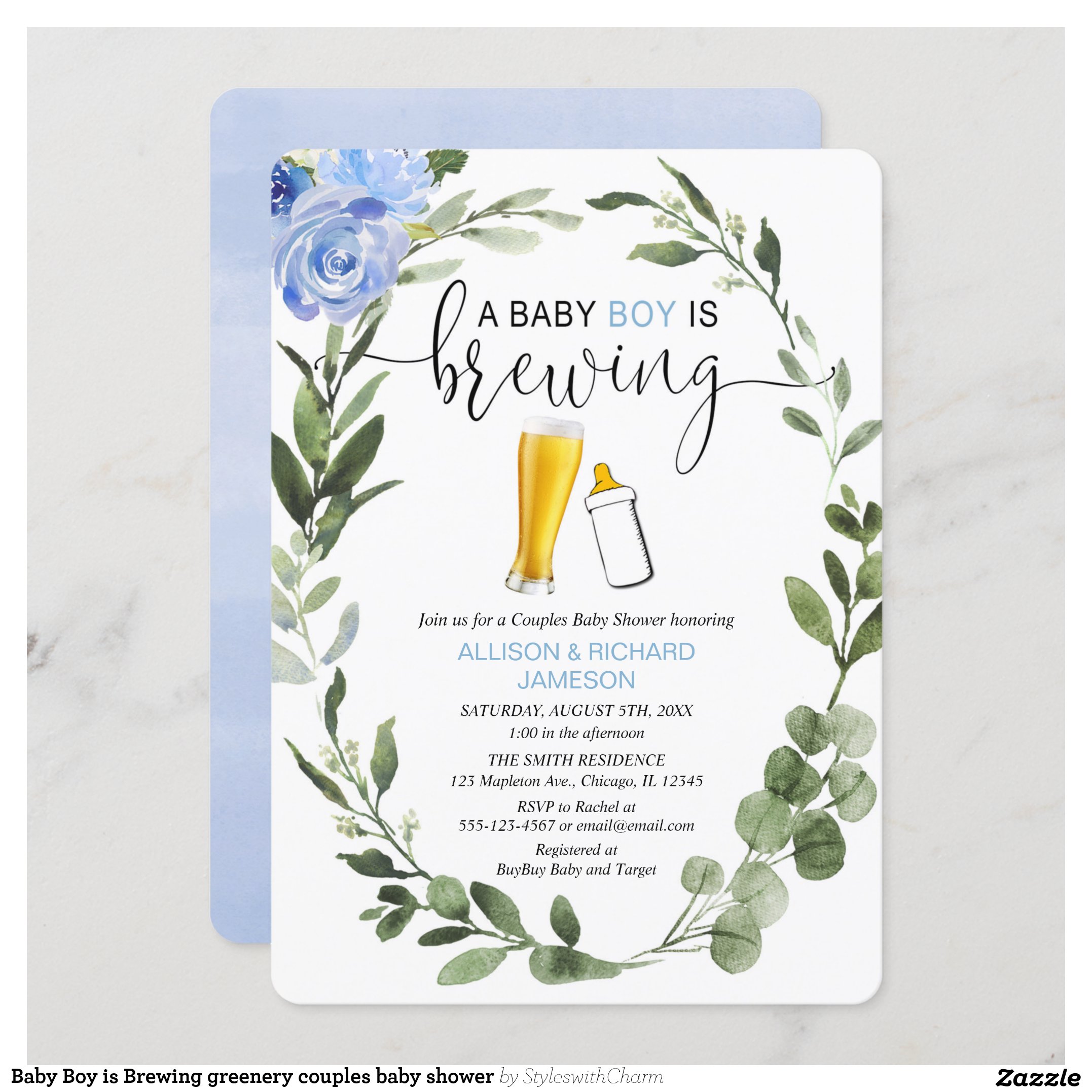 Baby Boy is Brewing greenery couples baby shower Invitation