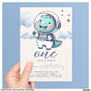 Baby Dinosaur Astronaut Boy 1st Birthday Invitation