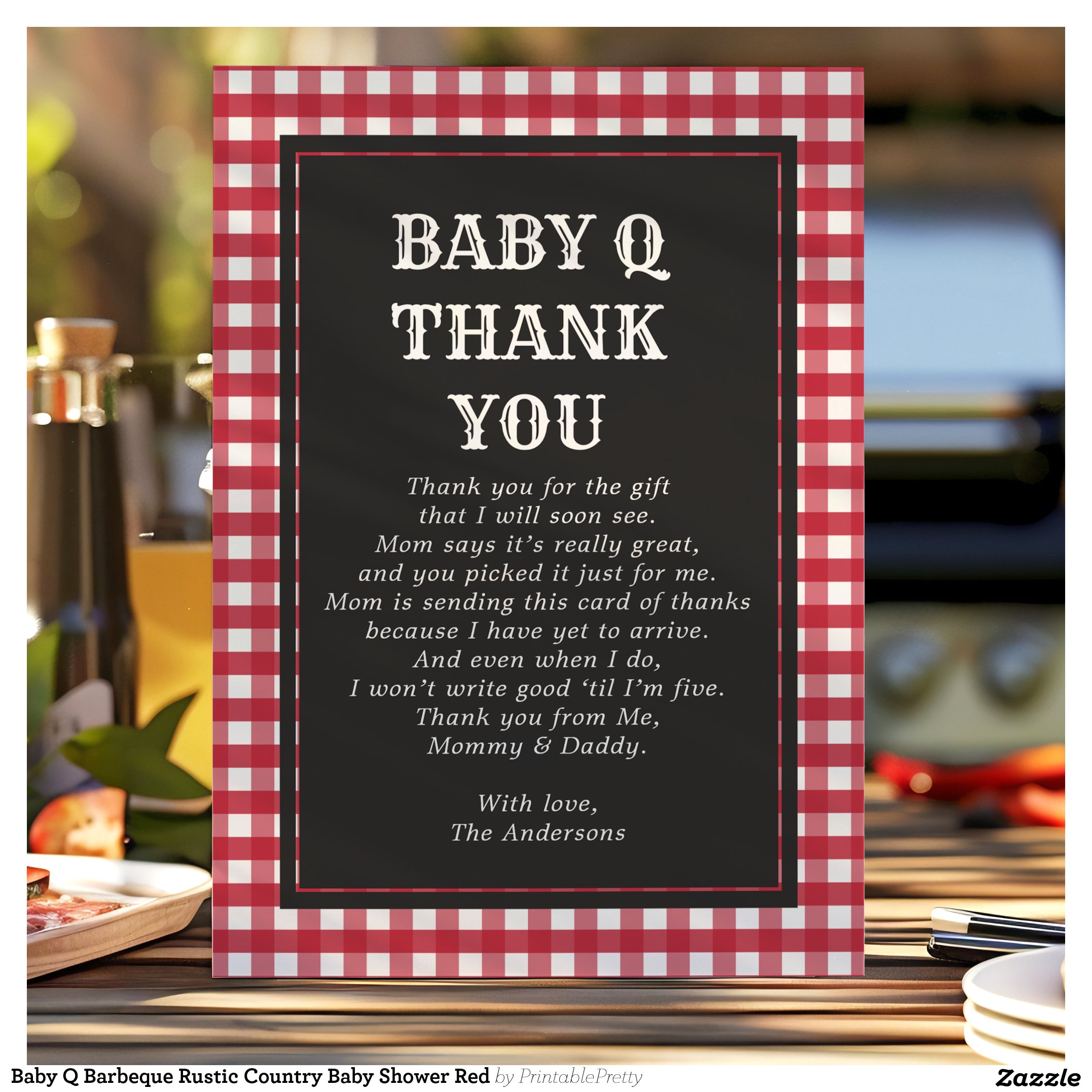 Baby Q Barbeque Rustic Country Baby Shower Red Thank You Card
