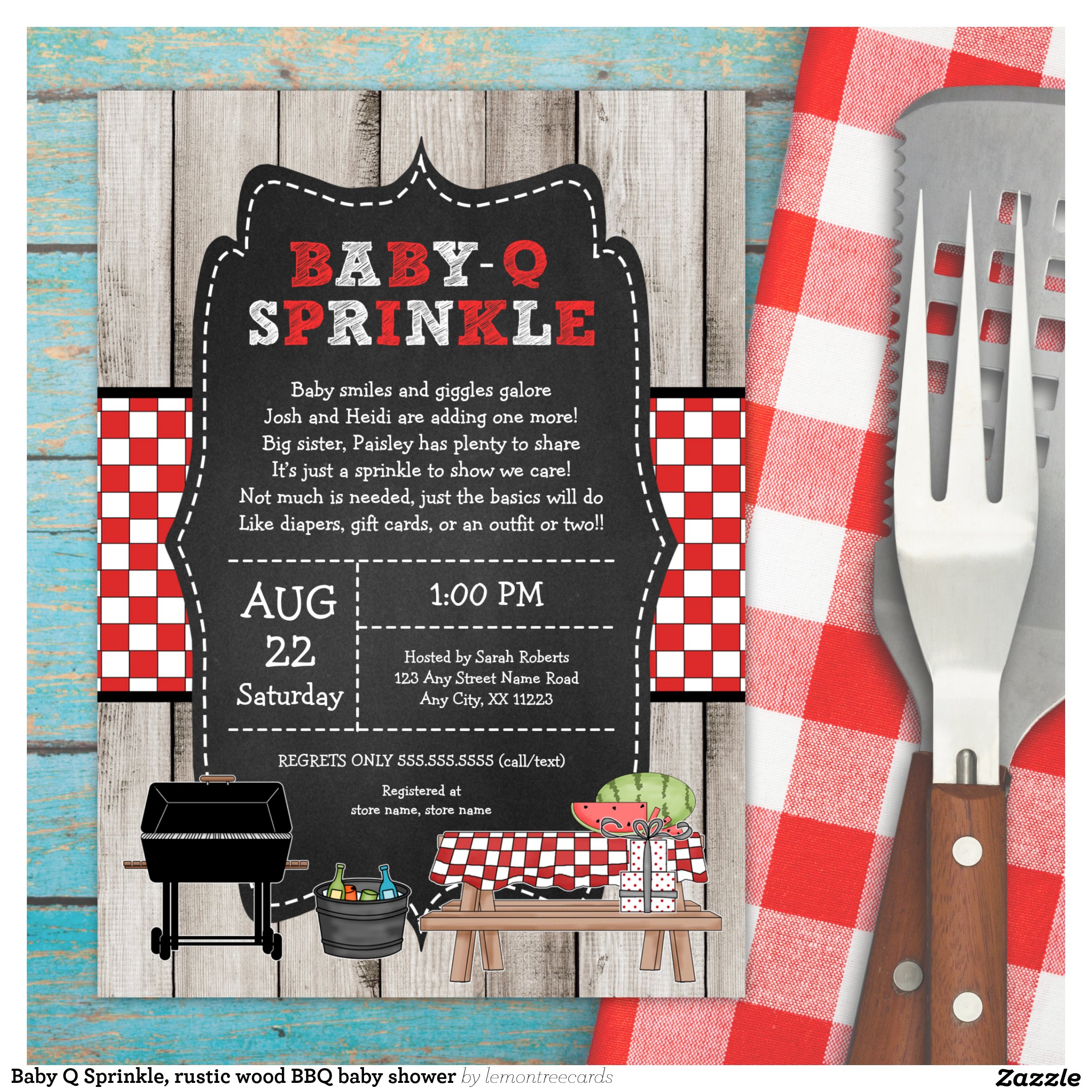 Baby Q Sprinkle, rustic wood BBQ baby shower Invitation