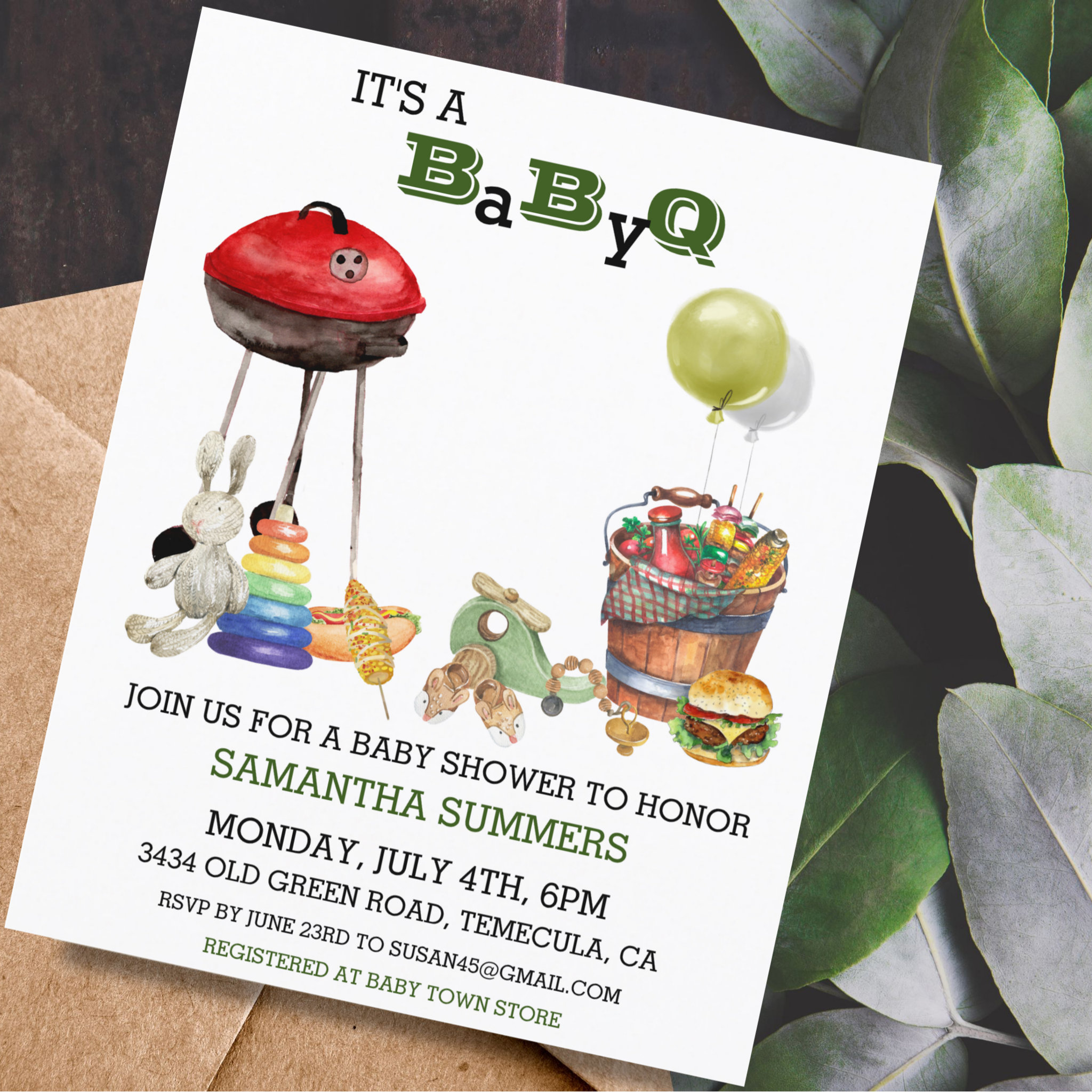 Baby Shower BBQ Barbecue Watercolor