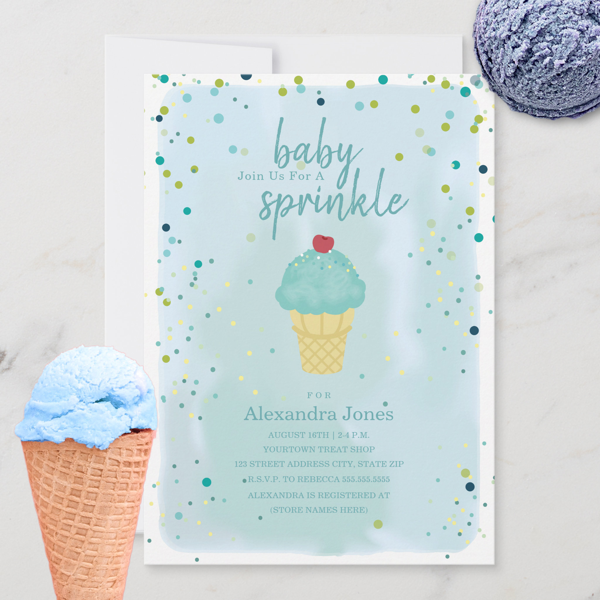 Baby Sprinkle Blue Ice Cream Baby Shower Invitation