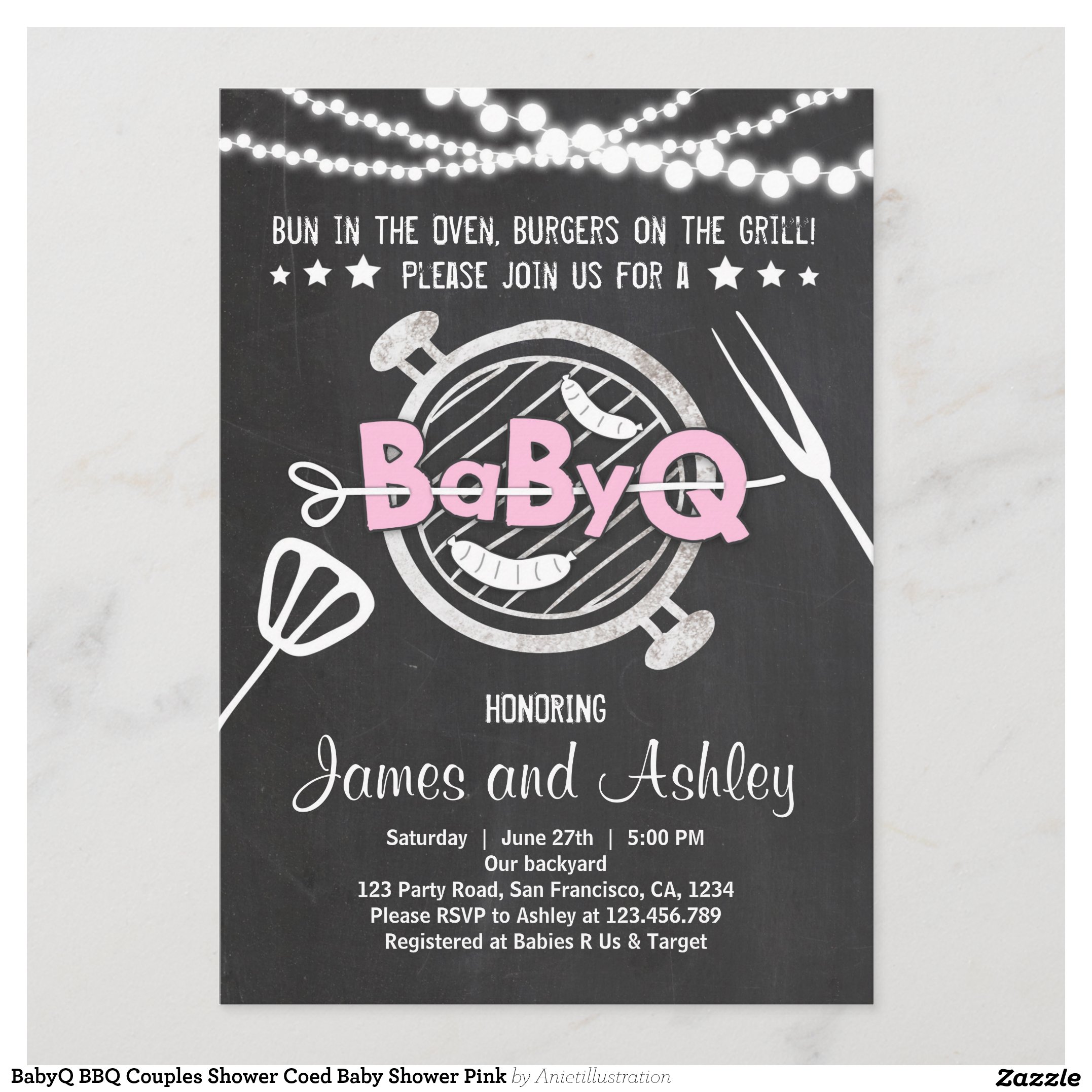 BabyQ BBQ Couples Shower Coed Baby Shower Pink Invitation