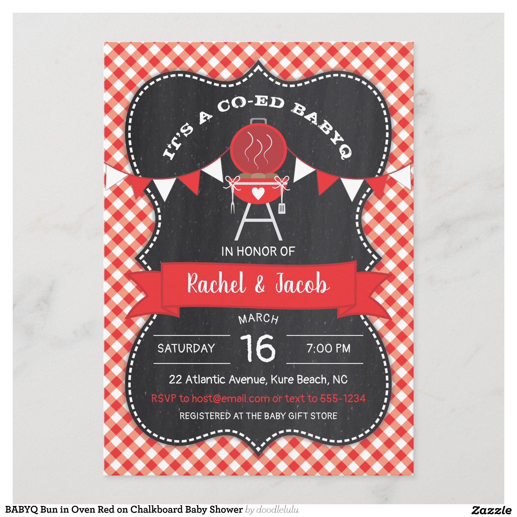 BABYQ Bun in Oven Red on Chalkboard Baby Shower Invitation