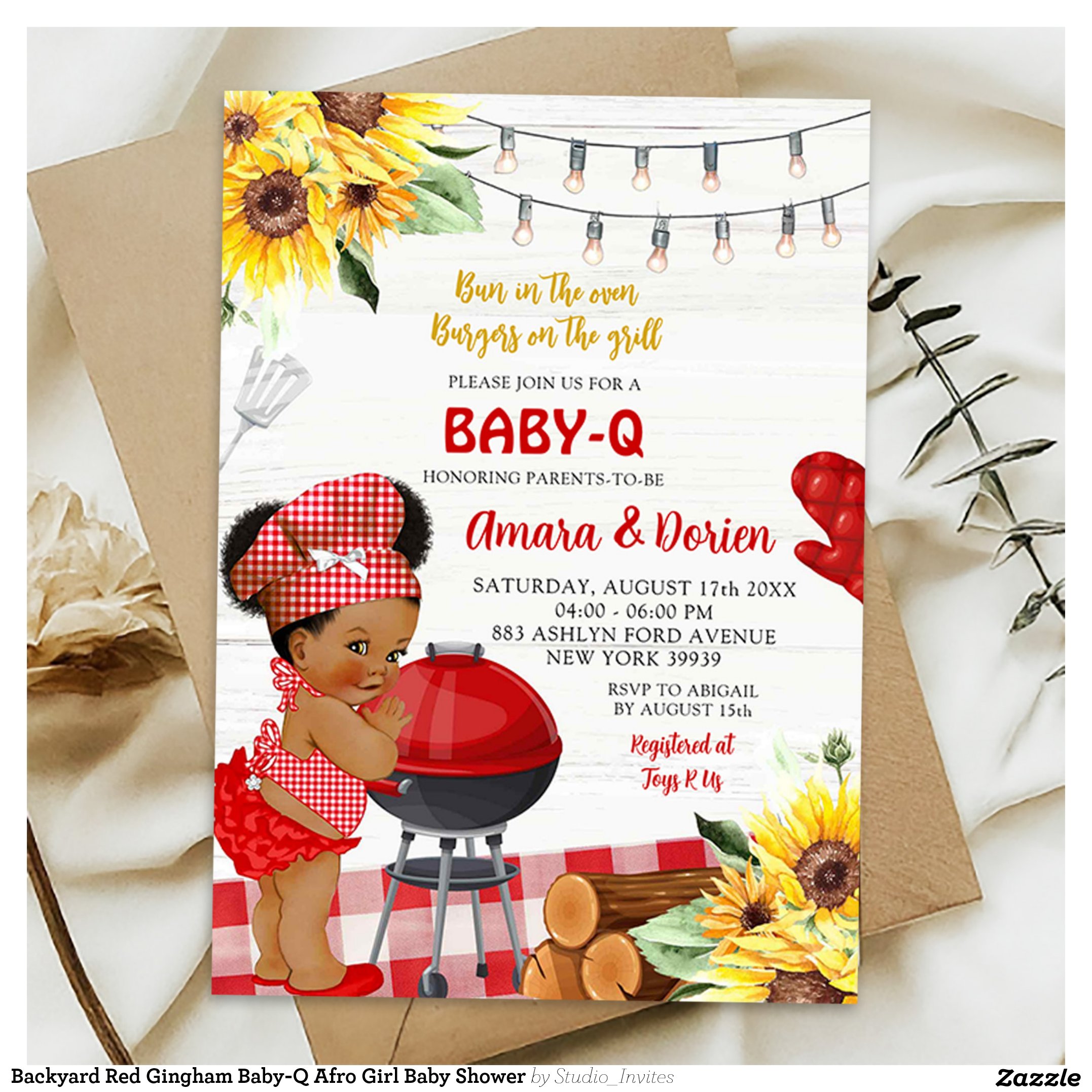 Backyard Red Gingham Baby-Q Afro Girl Baby Shower Invitation
