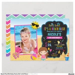 Beach Pool Birthday Party Girl with Photo Invitation