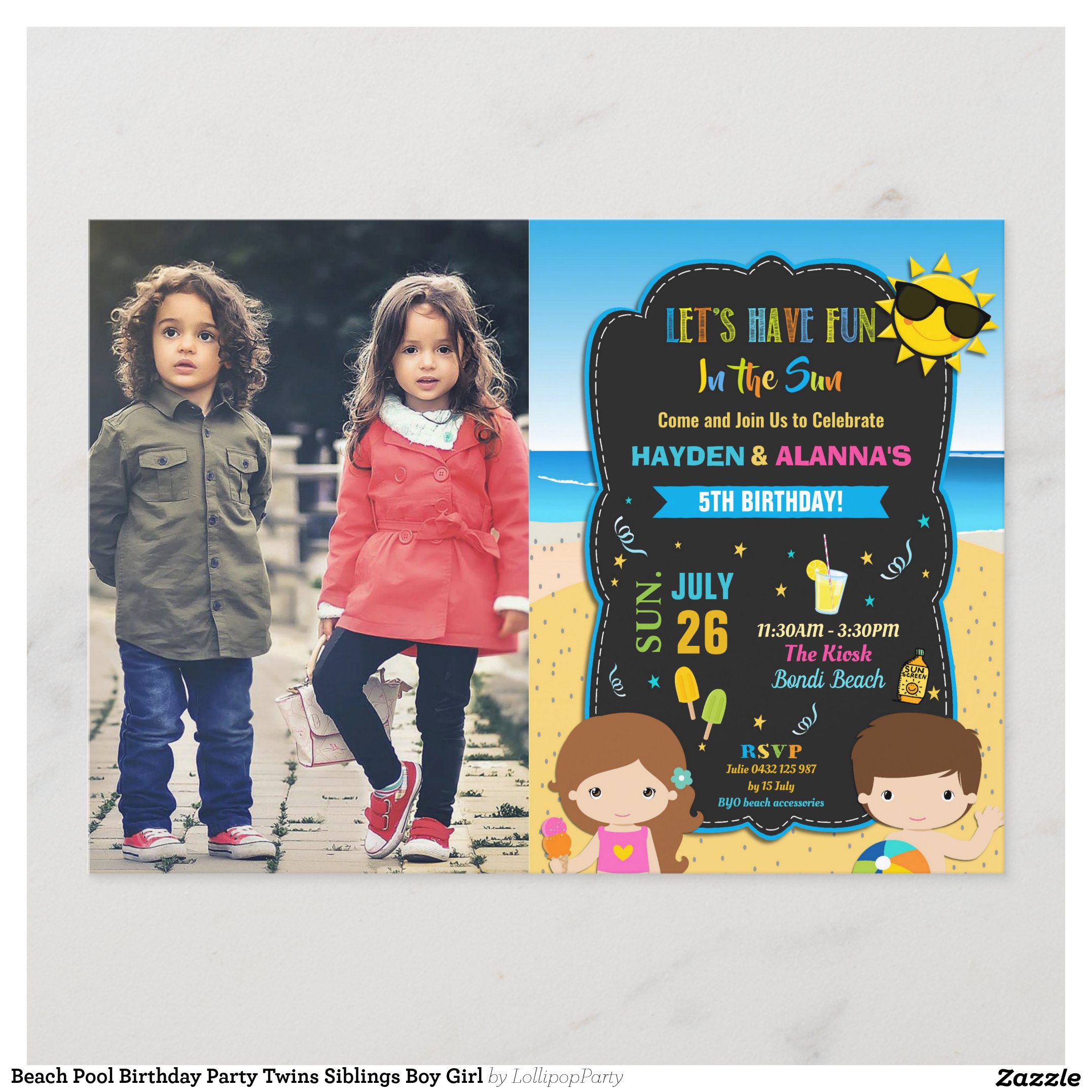 Beach Pool Birthday Party Twins Siblings Boy Girl Invitation