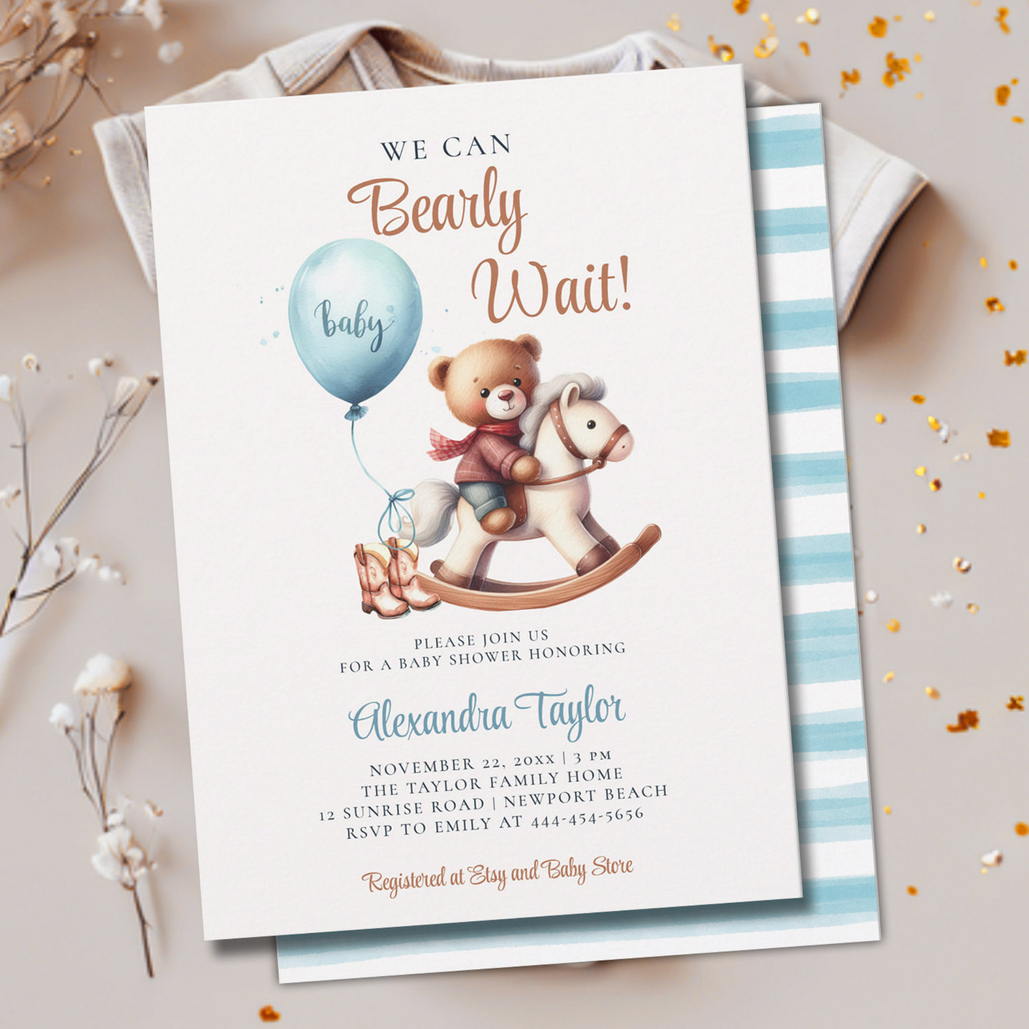 Bearly Wait Rocking Horse Cowboy Baby Boy Shower Invitation