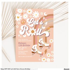 Beige ANY AGE Let's Roll Retro Groovy Birthday Invitation
