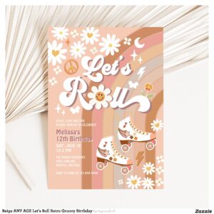 Beige ANY AGE Let's Roll Retro Groovy Birthday Invitation