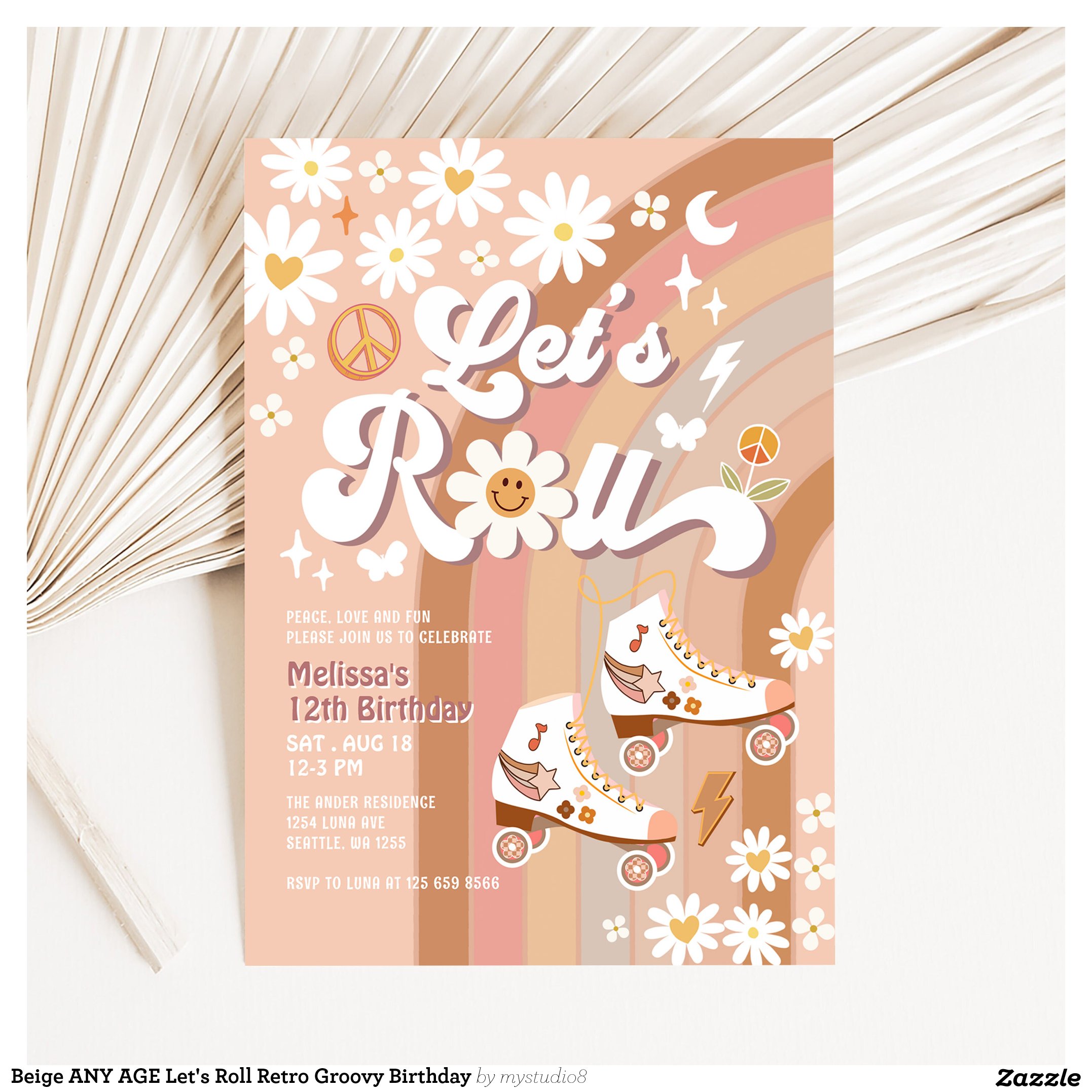 Beige ANY AGE Let's Roll Retro Groovy Birthday Invitation