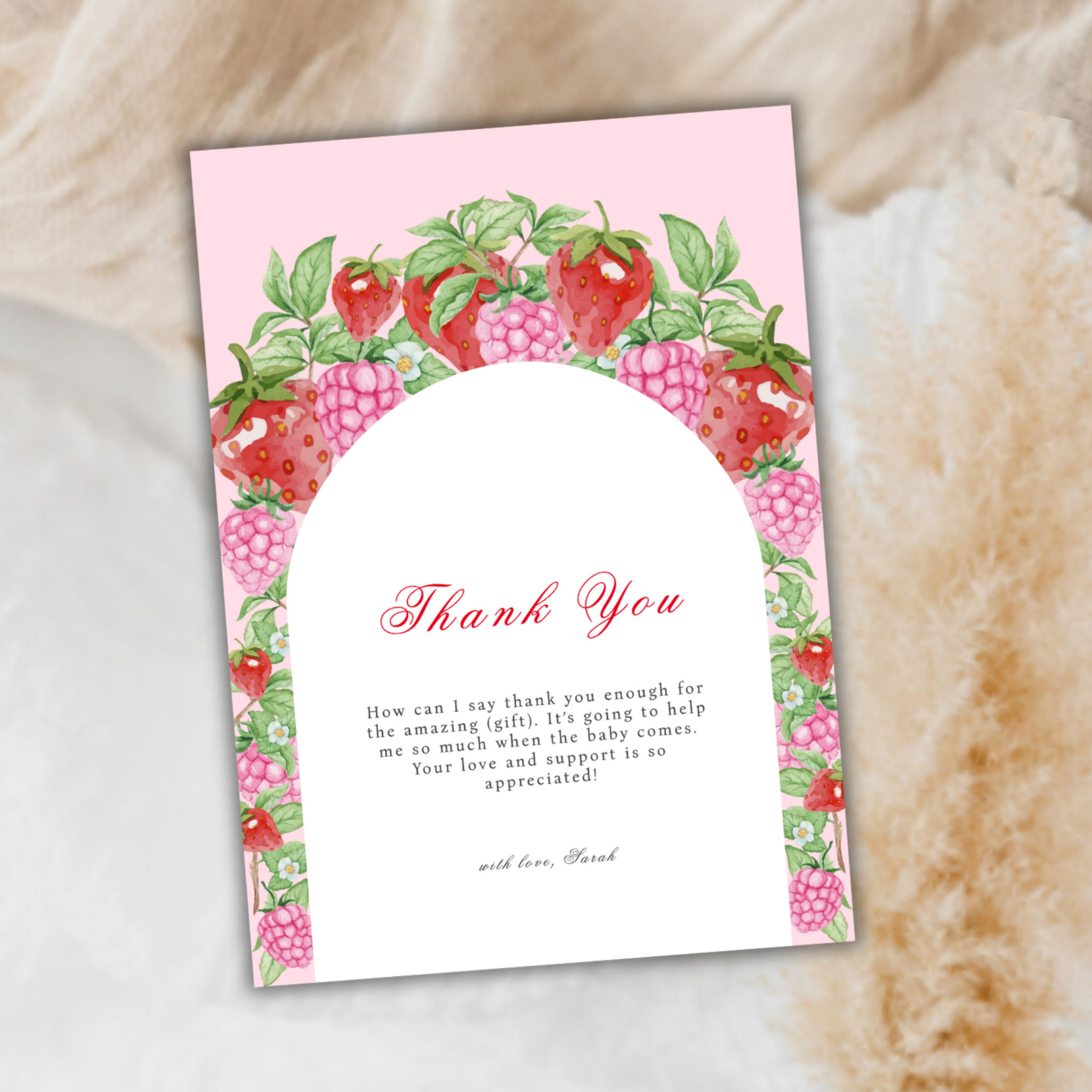 Berry Sweet Strawberry Arch Girl Baby Shower Thank You Card