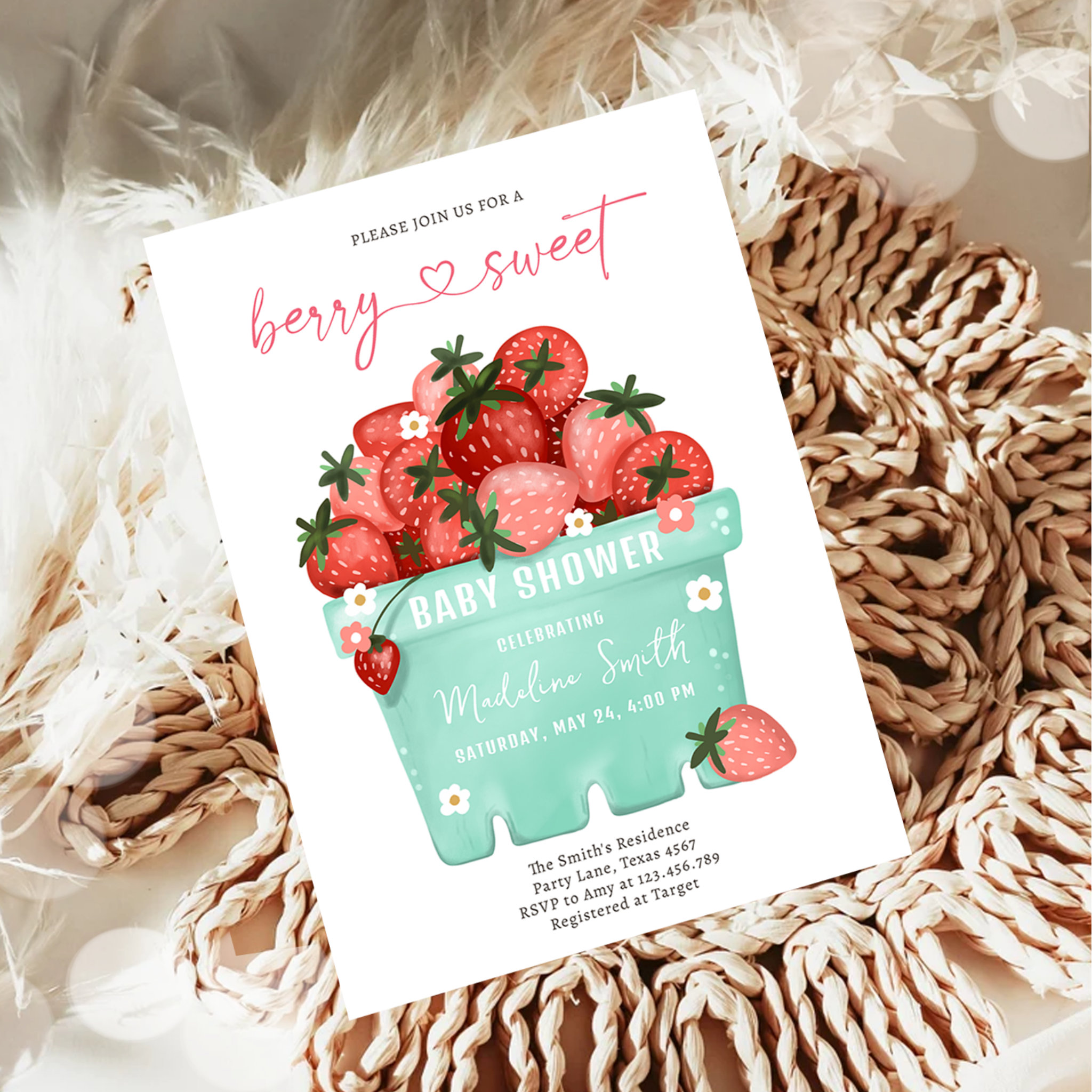 Berry Sweet Strawberry Farmers Market Baby Shower Invitation