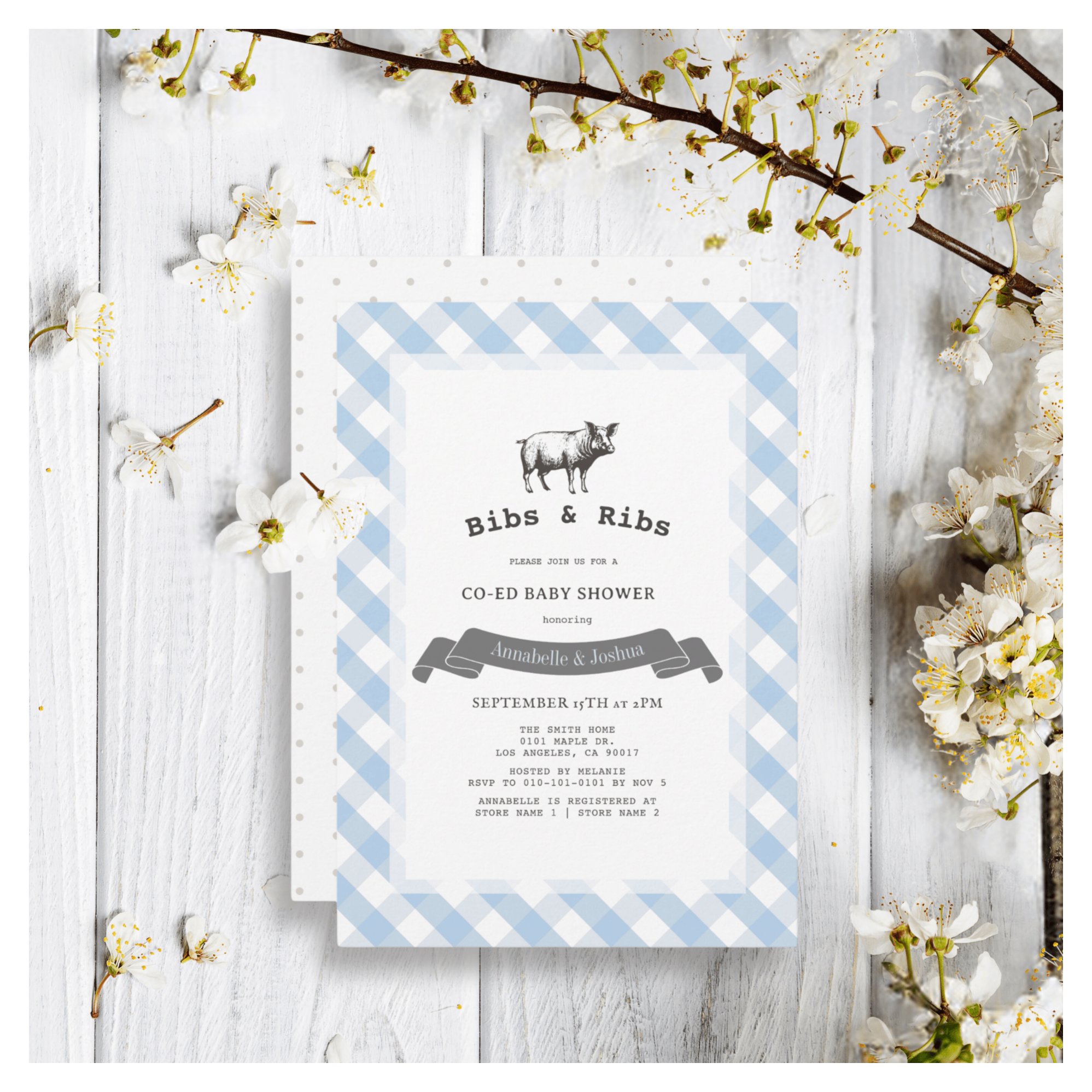 Bibs & Ribs Rustic Blue Gingham Co-Ed Baby Shower Invitation