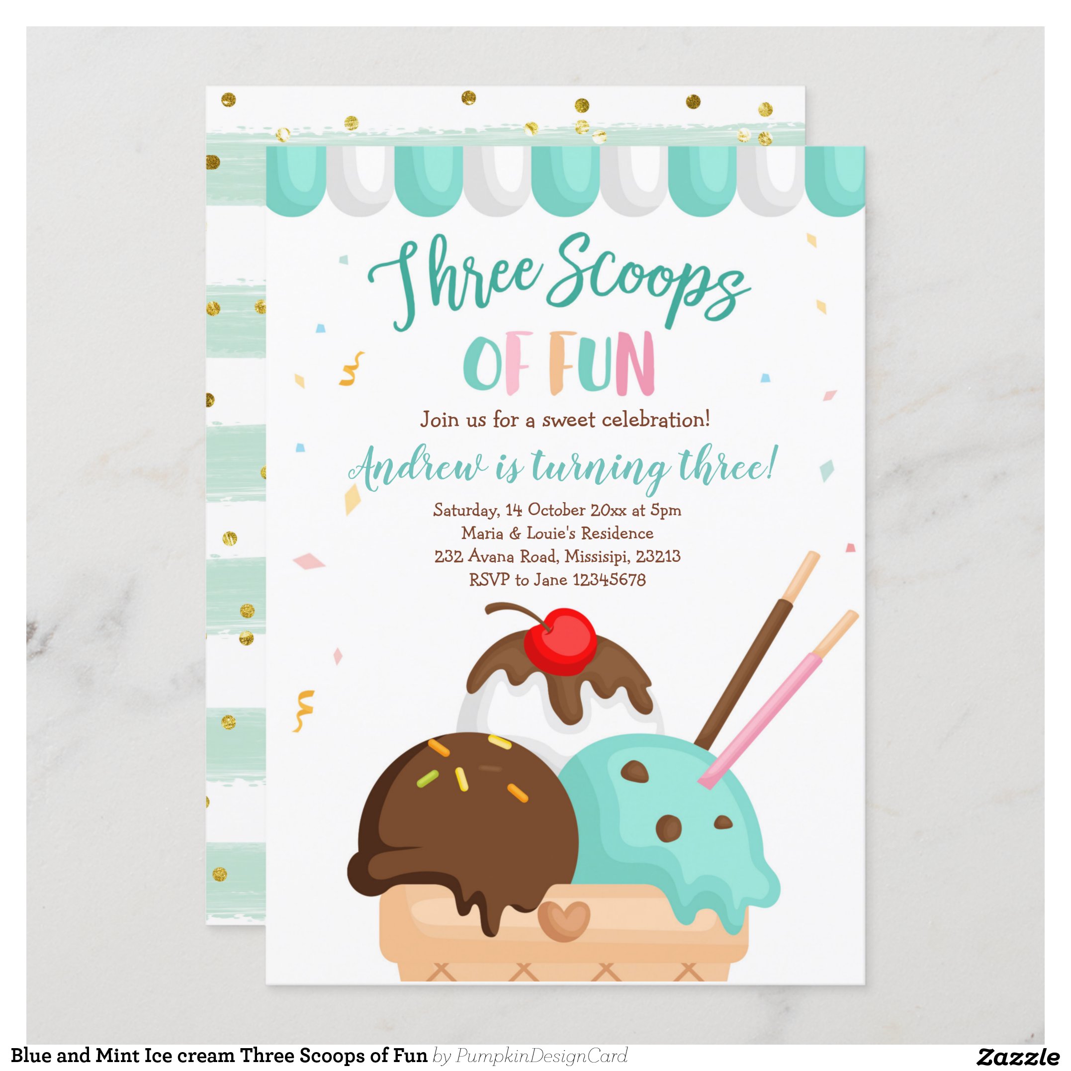 Blue and Mint Ice cream Three Scoops of Fun Invitation
