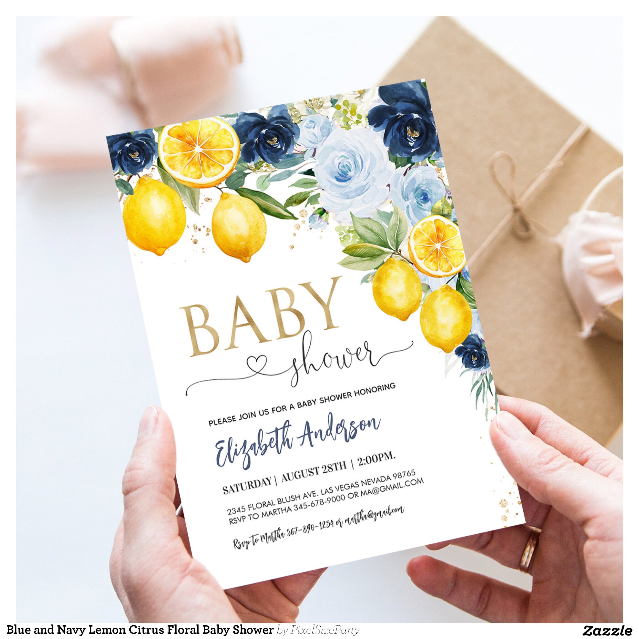 Blue and Navy Lemon Citrus Floral Baby Shower Invitation