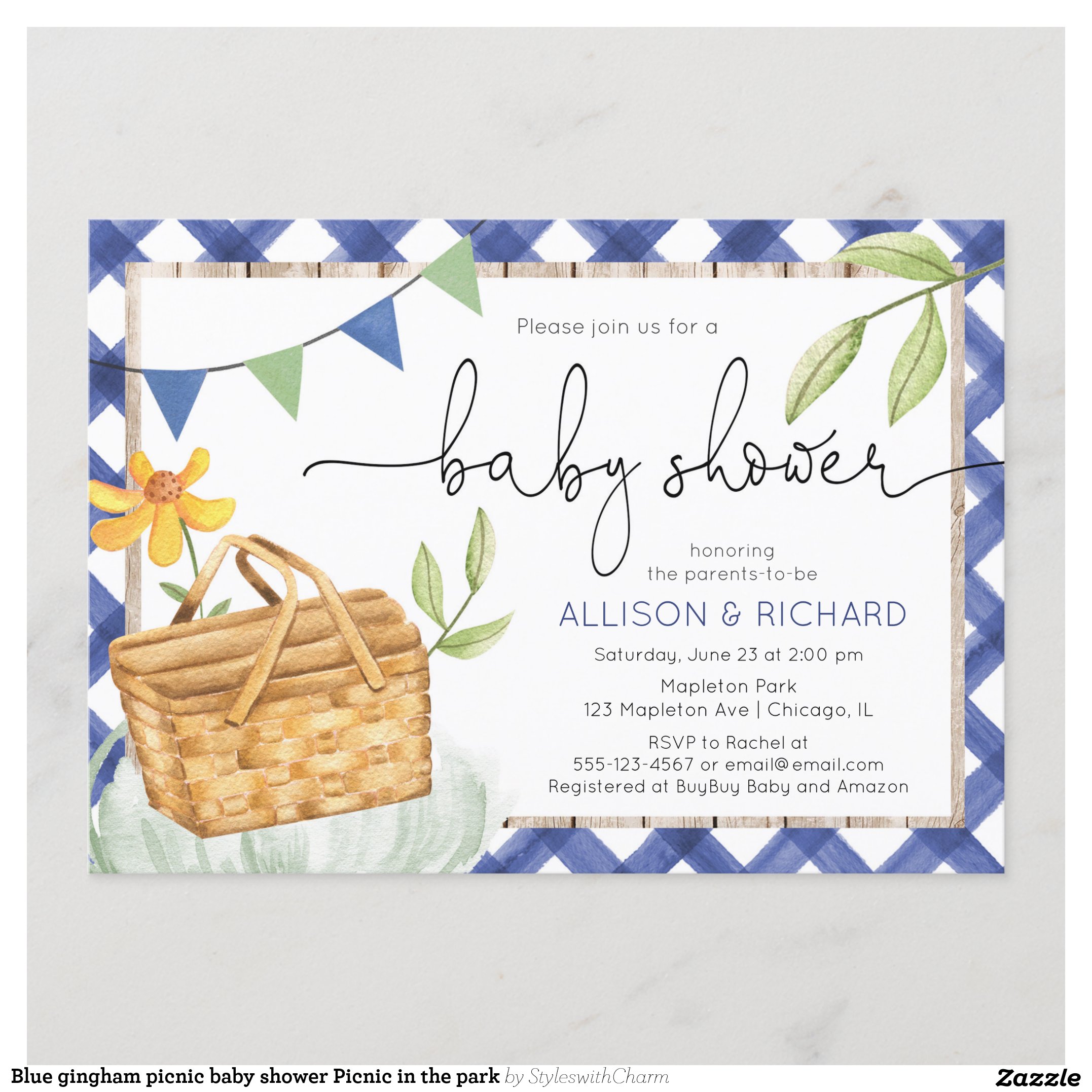 Blue gingham picnic baby shower Picnic in the park Invitation