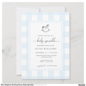 Blue Gingham Rocking Horse Baby Sprinkle Invitation