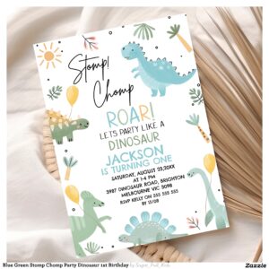 Blue Green Stomp Chomp Party Dinosaur 1st Birthday Invitation