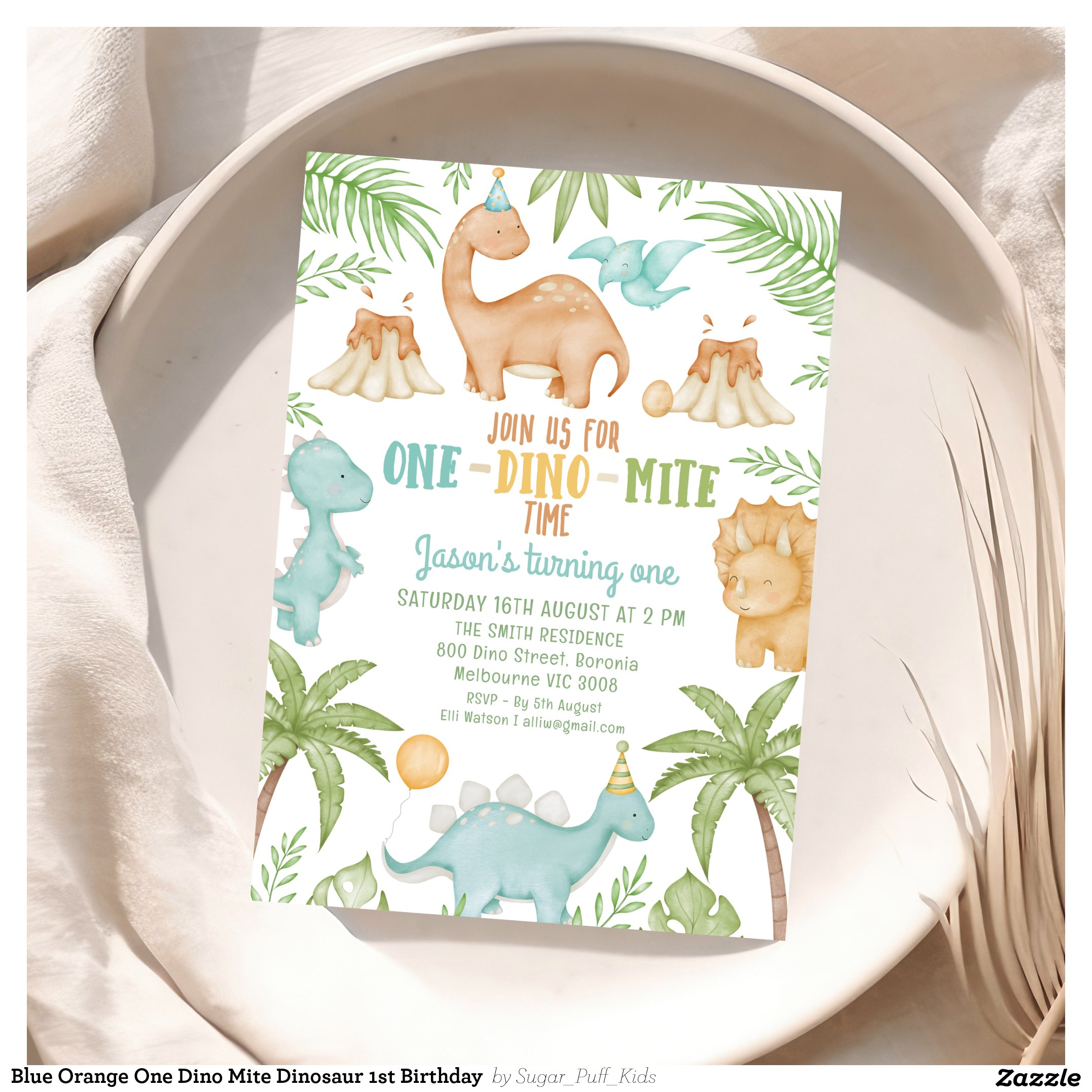 Blue Orange One Dino Mite Dinosaur 1st Birthday Invitation