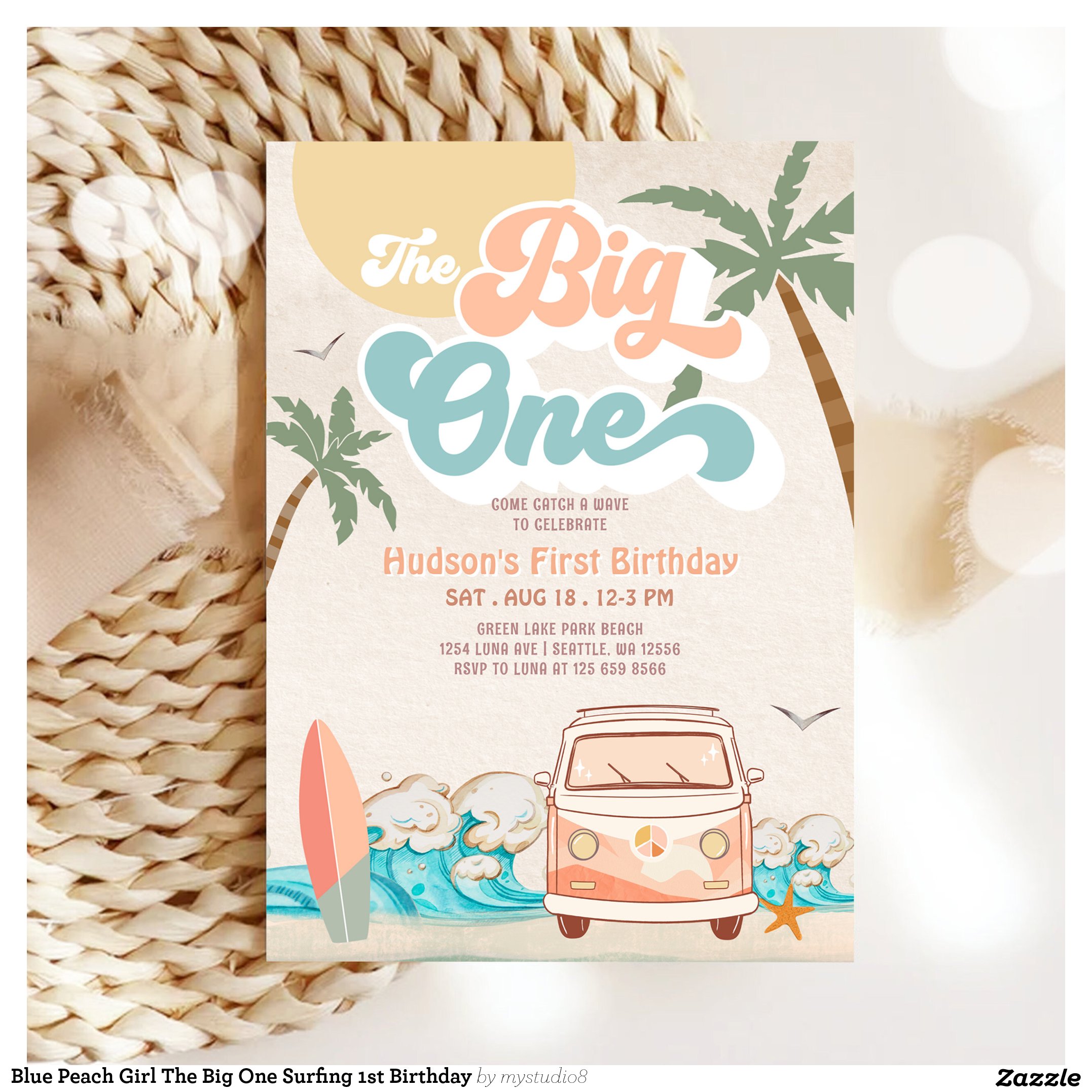 Blue Peach Girl The Big One Surfing 1st Birthday Invitation