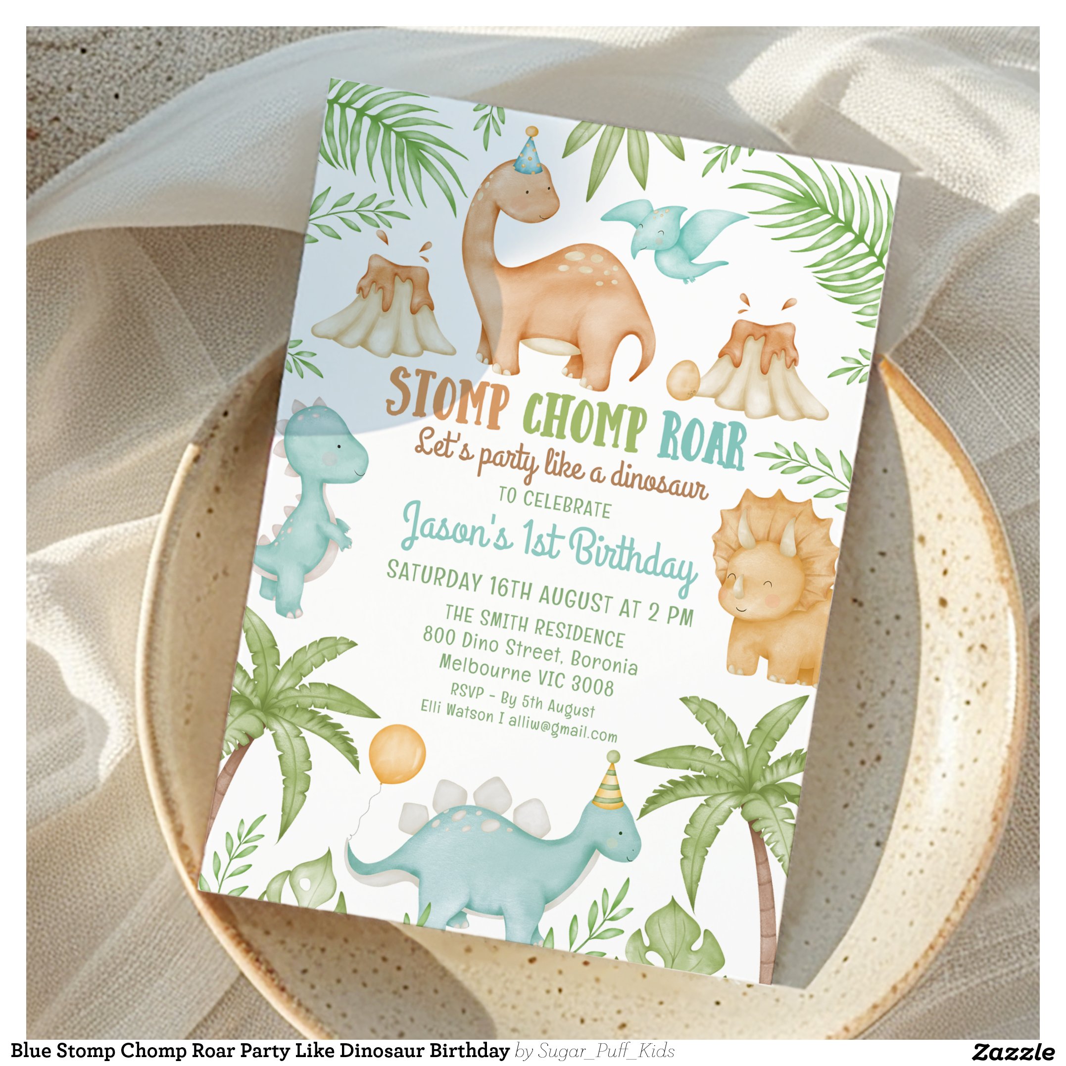 Blue Stomp Chomp Roar Party Like Dinosaur Birthday Invitation