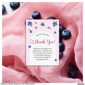 Blueberry Sweet Watercolor Girl Baby Shower Thank You Card